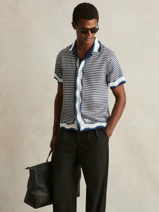 Geometric-Print Cuban-Collar Shirt White/Navy | Mens