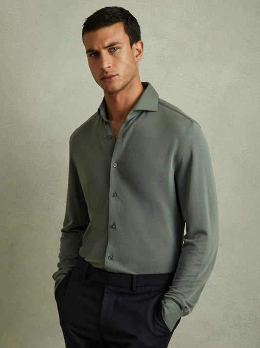 Modal Blend Cutaway Collar Shirt Green Smoke | Mens