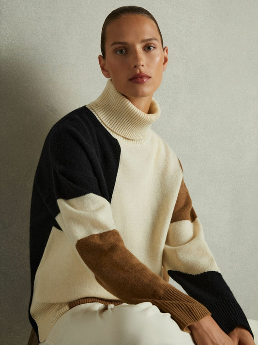 Wool-Cashmere Colourblock-Intarsia Jumper Cream/Brown | Womens