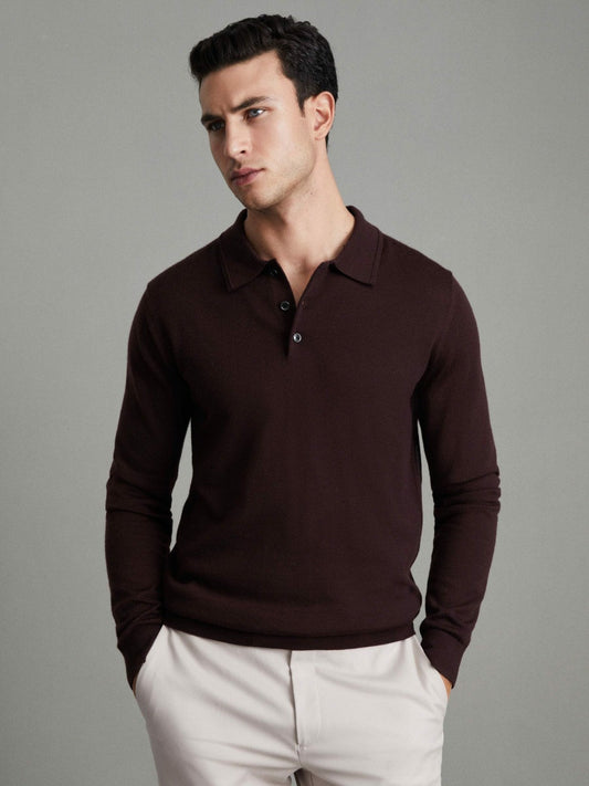 Merino Wool Polo Shirt Dark Bordeaux | Mens