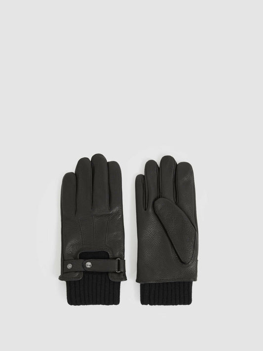 Leather Ribbed-Cuff Gloves Black | Mens