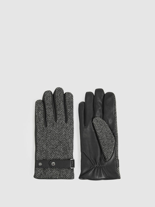 Leather And Wool-Blend Herringbone Gloves Black | Mens