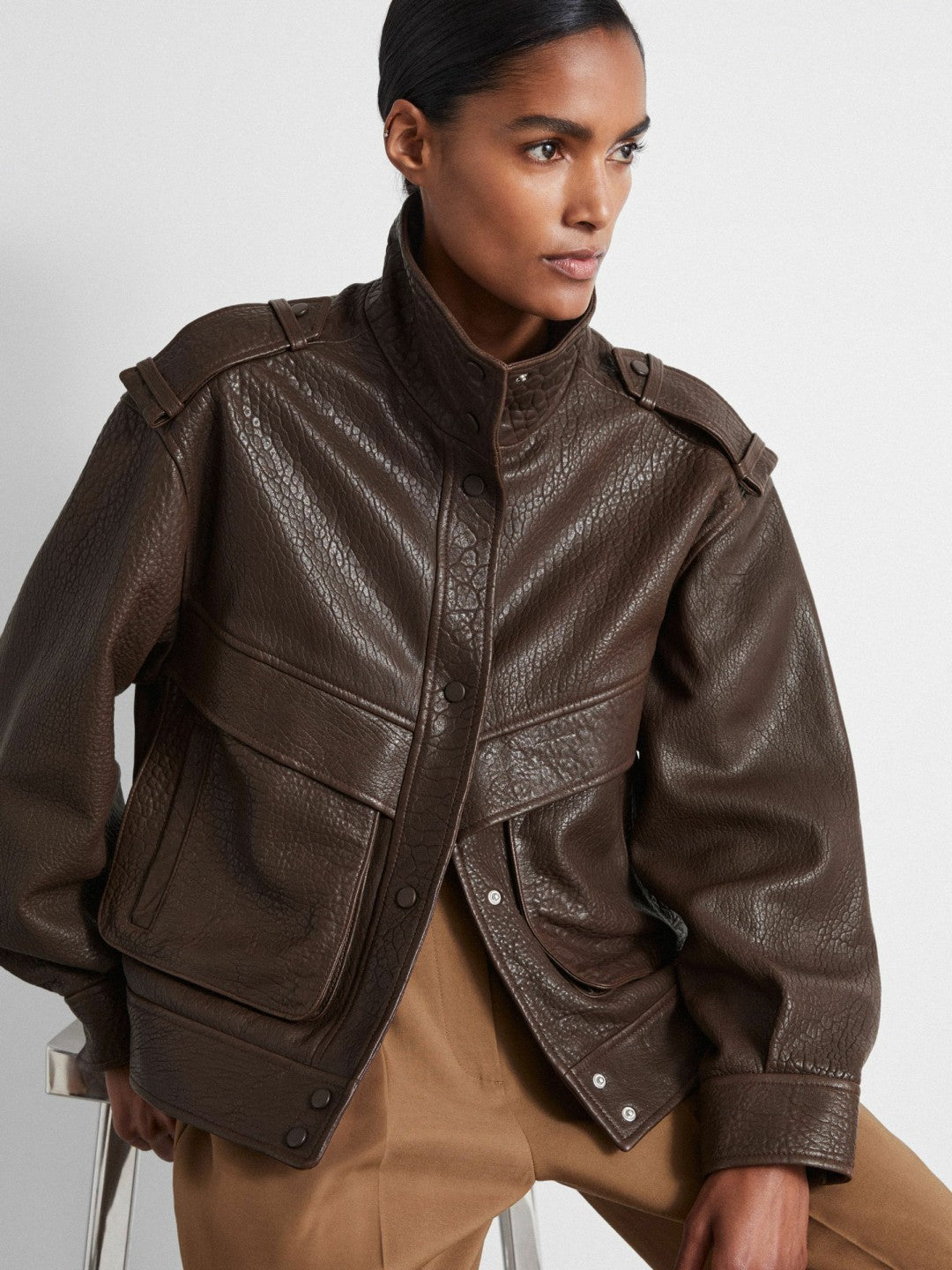 Atelier Grained Leather Jacket Chocolate | Womens