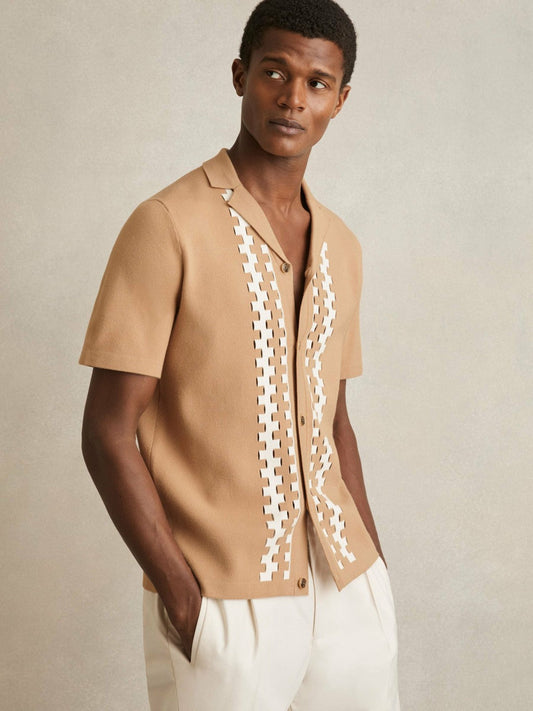 Geometric Cuban-Collar Knit Shirt Camel/Off White | Mens