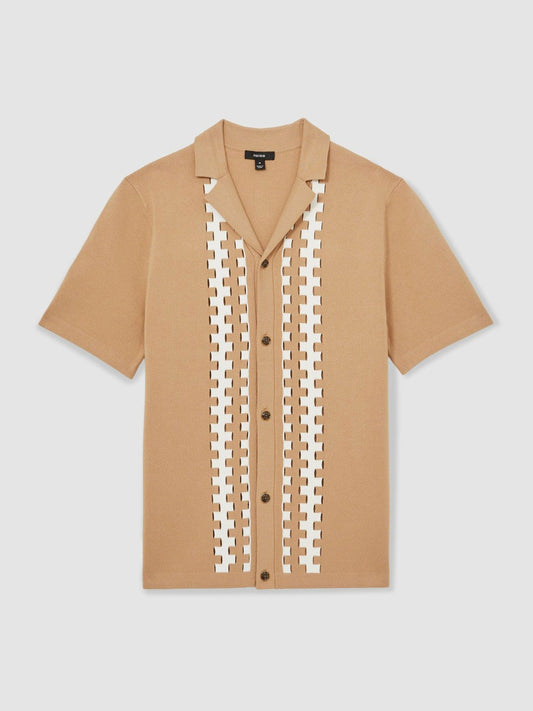 Geometric Cuban-Collar Knit Shirt Camel/Off White | Mens