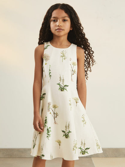13-14 yrs  | NYBG Linen Floral Flared Dress Ivory | Children