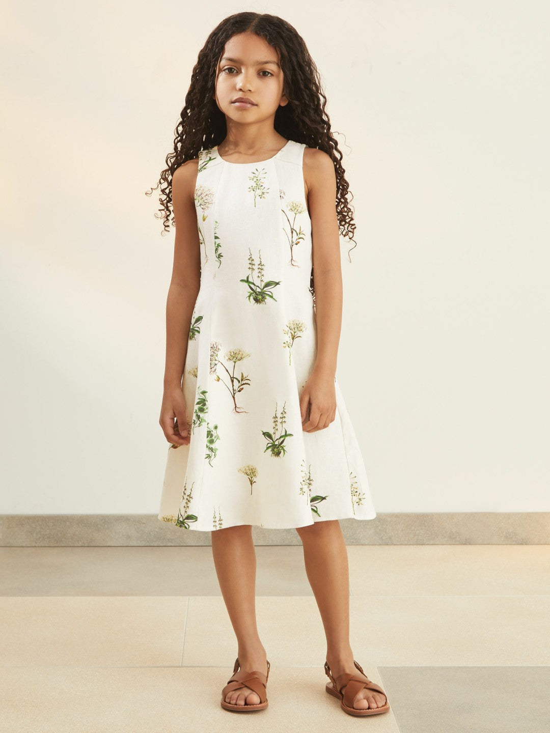 13-14 yrs  | NYBG Linen Floral Flared Dress Ivory | Children
