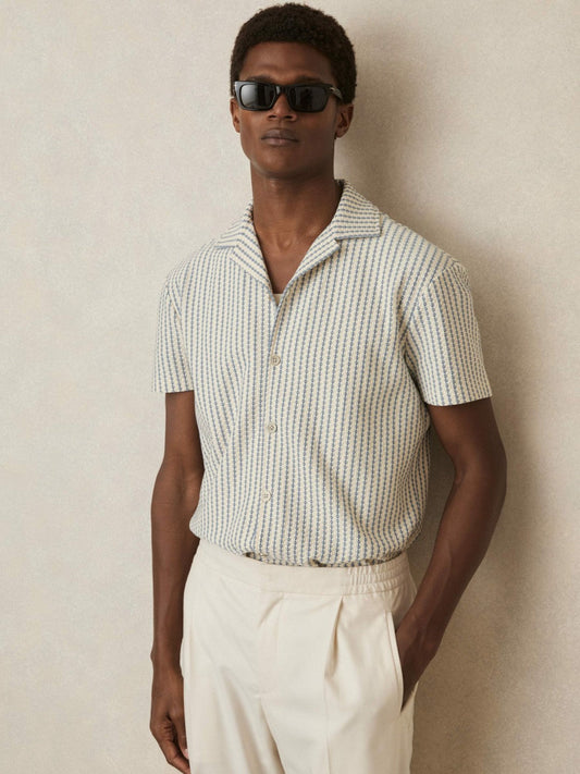 Textured-Stripe Cuban-Collar Shirt White/Soft Blue | Mens