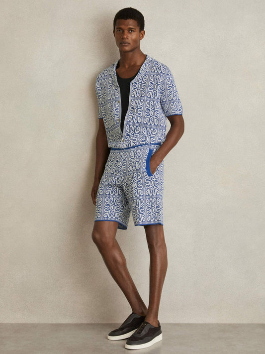 Tile Pattern Knit Shorts Blue/White | Mens
