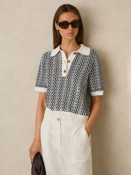 Zig-Zag Knit Polo Shirt Blue/Ivory | Womens