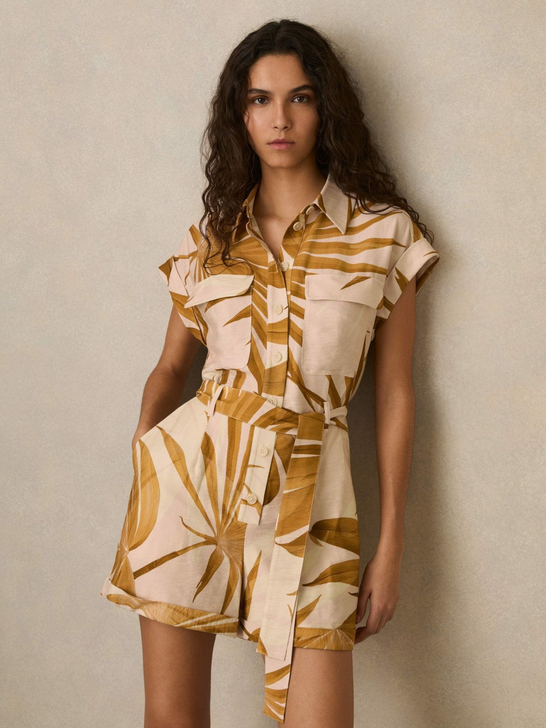 Palm Print Belted Playsuit Neutral | Womens