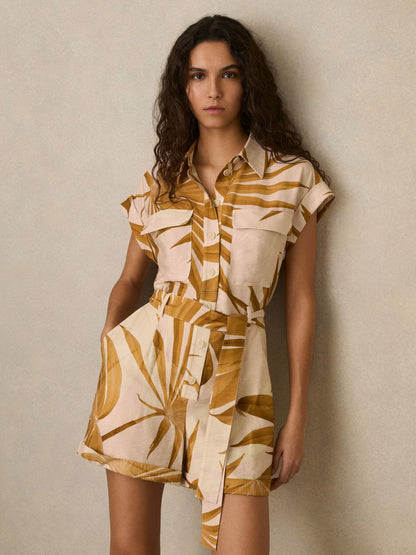 Palm Print Belted Playsuit Neutral | Womens