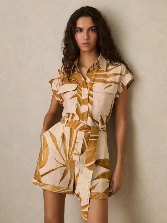 Palm Print Belted Playsuit Neutral | Womens