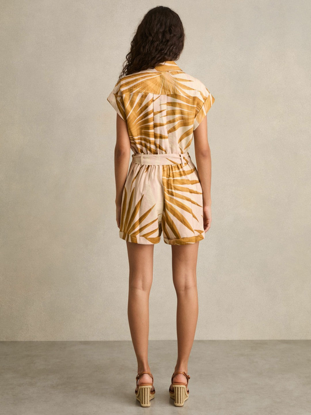 Palm Print Belted Playsuit Neutral | Womens