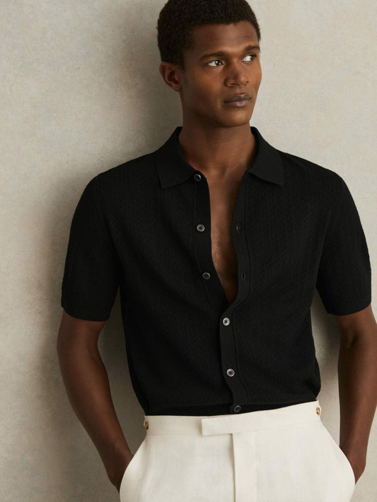 Textured Knit Button-Through Shirt Black | Mens