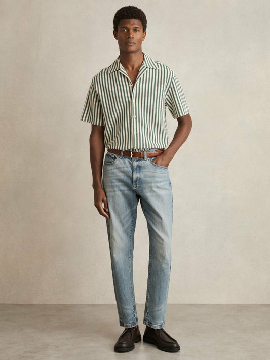 Textured Stripe Cuban-Collar Shirt Green/White | Mens
