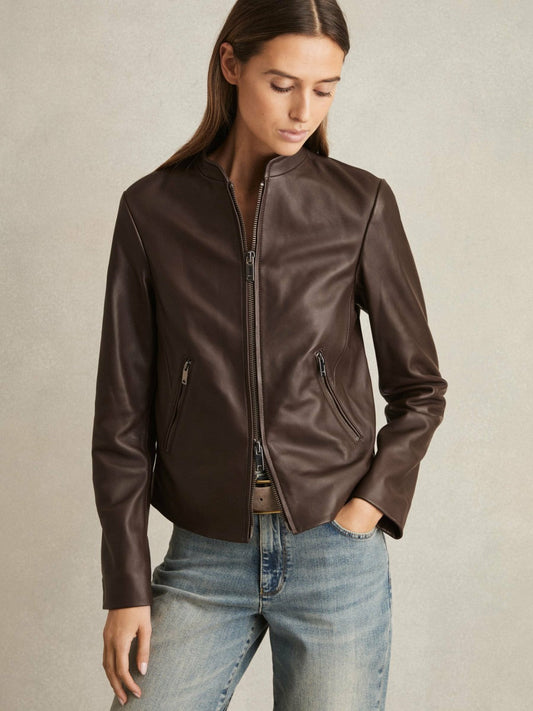 Leather Collarless Biker Jacket Chocolate Brown | Womens