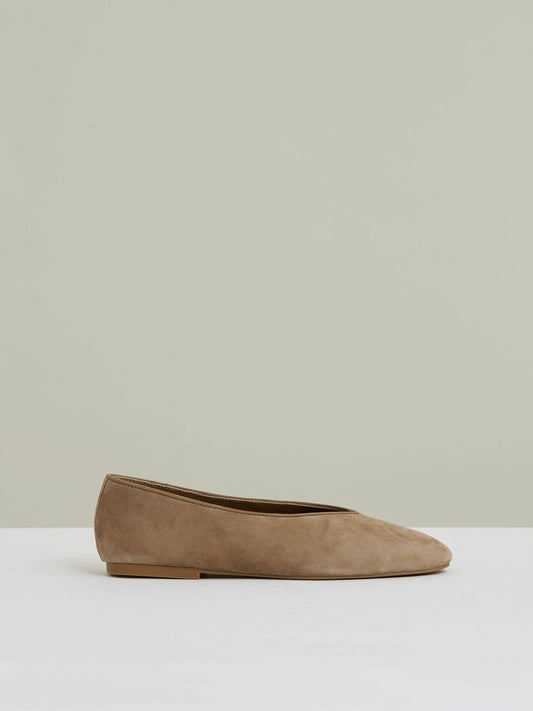Leather Rounded-Point Toe Ballet Flats Taupe | Womens