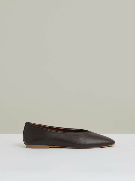 Leather Rounded-Point Toe Ballet Flats Chocolate | Womens