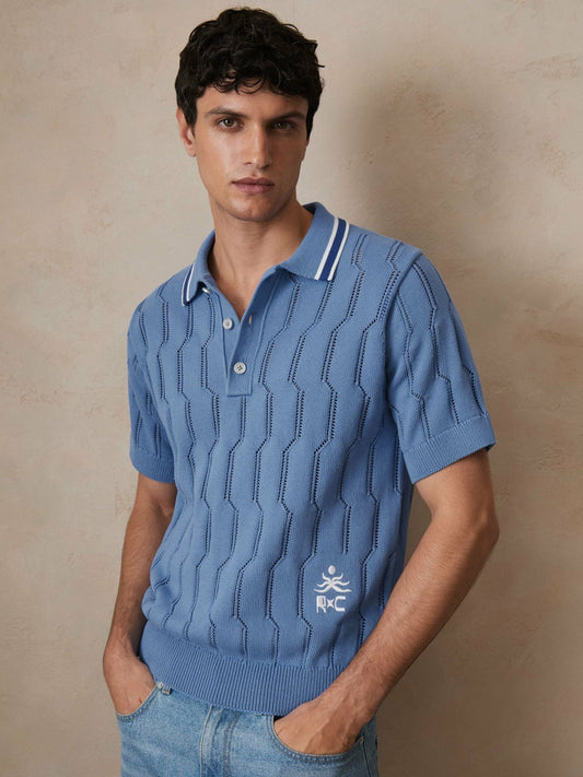 | Ché Cotton Pointelle Polo Shirt Blue | Mens