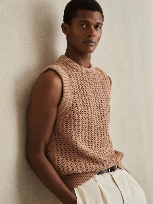 Cotton-Blend Crochet Vest Soft Camel | Mens