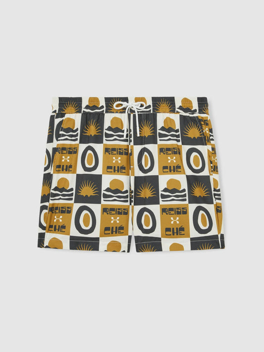 | Ché Sunset-Print Swim Shorts Olive Green | Mens