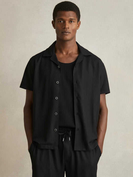 Textured-Knit Cuban-Collar Shirt Black | Mens