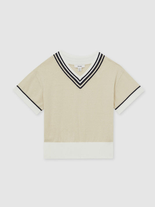 13-14 yrs Cotton-Linen Knit V-Neck Cricket Top Neutral | Children