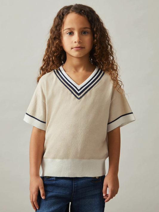 13-14 yrs Cotton-Linen Knit V-Neck Cricket Top Neutral | Children