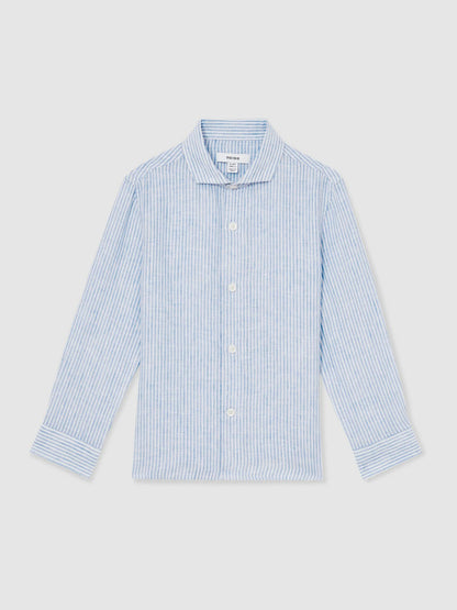 13-14 yrs Linen Cutaway Collar Shirt Blue/White Stripe | Children