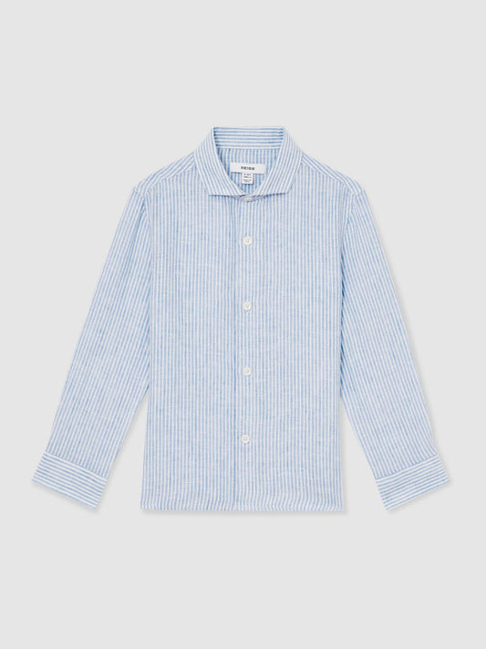 13-14 yrs Linen Cutaway Collar Shirt Blue/White Stripe | Children