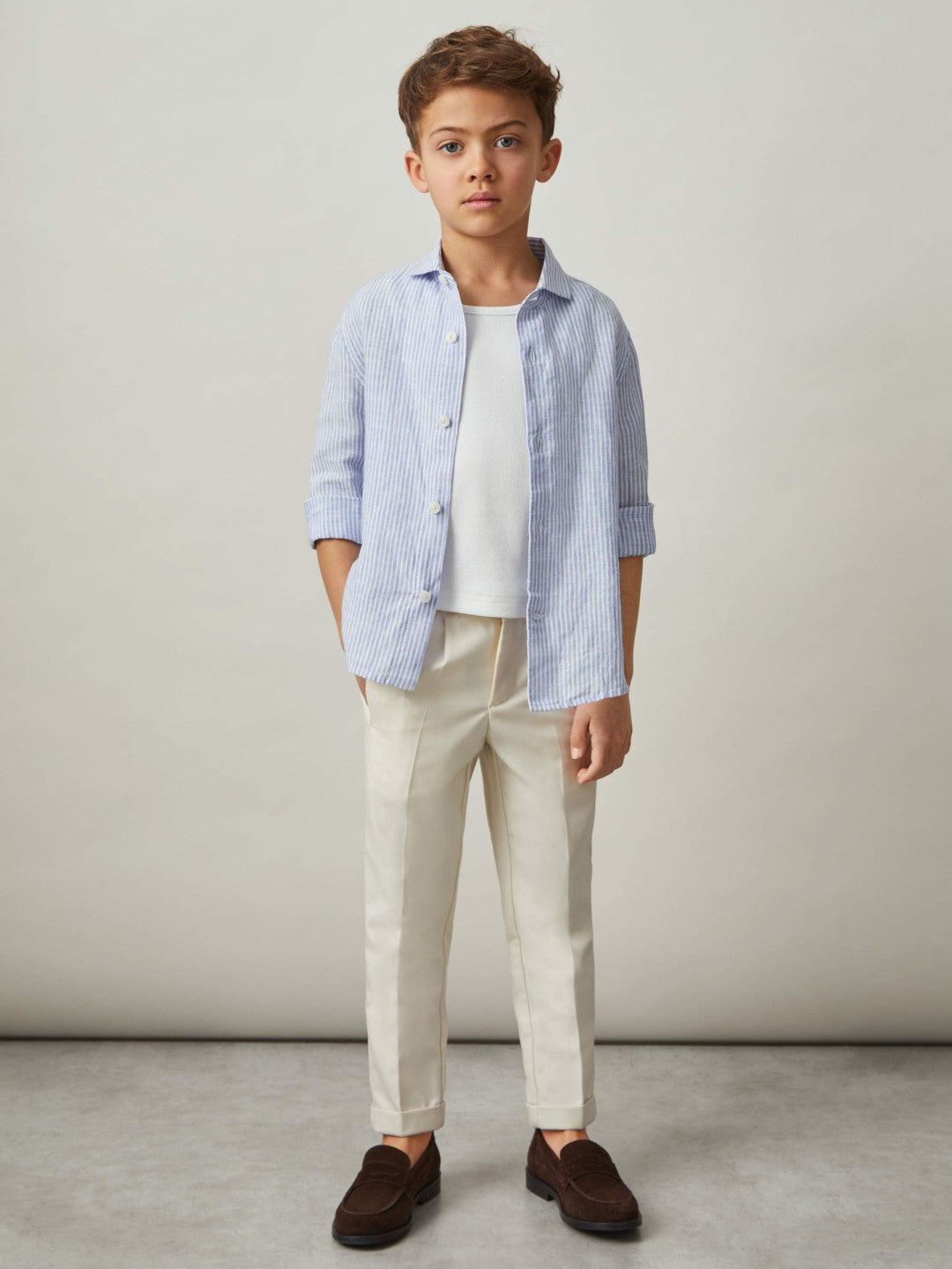 13-14 yrs Linen Cutaway Collar Shirt Blue/White Stripe | Children