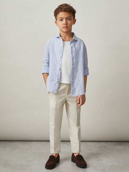 13-14 yrs Linen Cutaway Collar Shirt Blue/White Stripe | Children