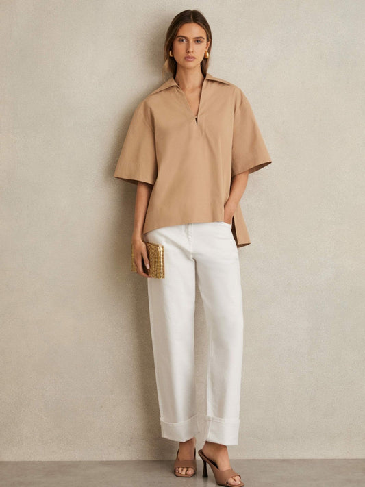 Cotton Blend Craft Stitch Collared Top Camel | Womens