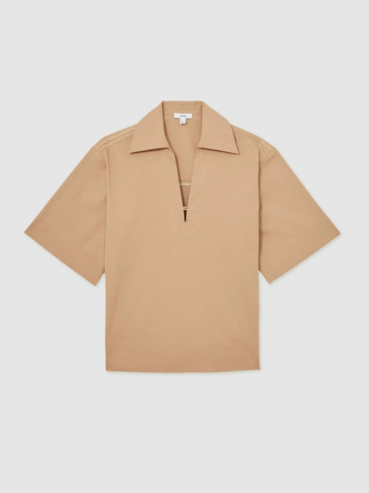 Cotton Blend Craft Stitch Collared Top Camel | Womens