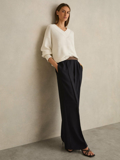 Wide-Leg Elasticated-Waist Trousers Navy | Womens
