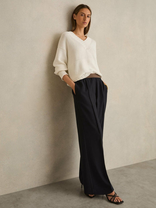Wide-Leg Elasticated-Waist Trousers Navy | Womens