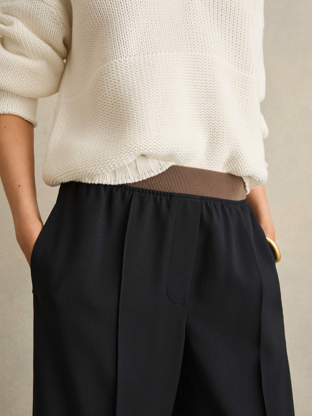 Wide-Leg Elasticated-Waist Trousers Navy | Womens