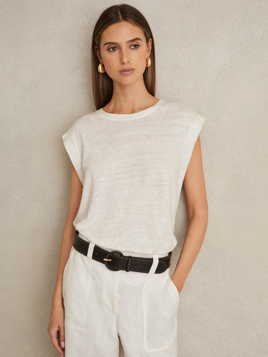 Linen Cap-Sleeve T-Shirt White | Womens