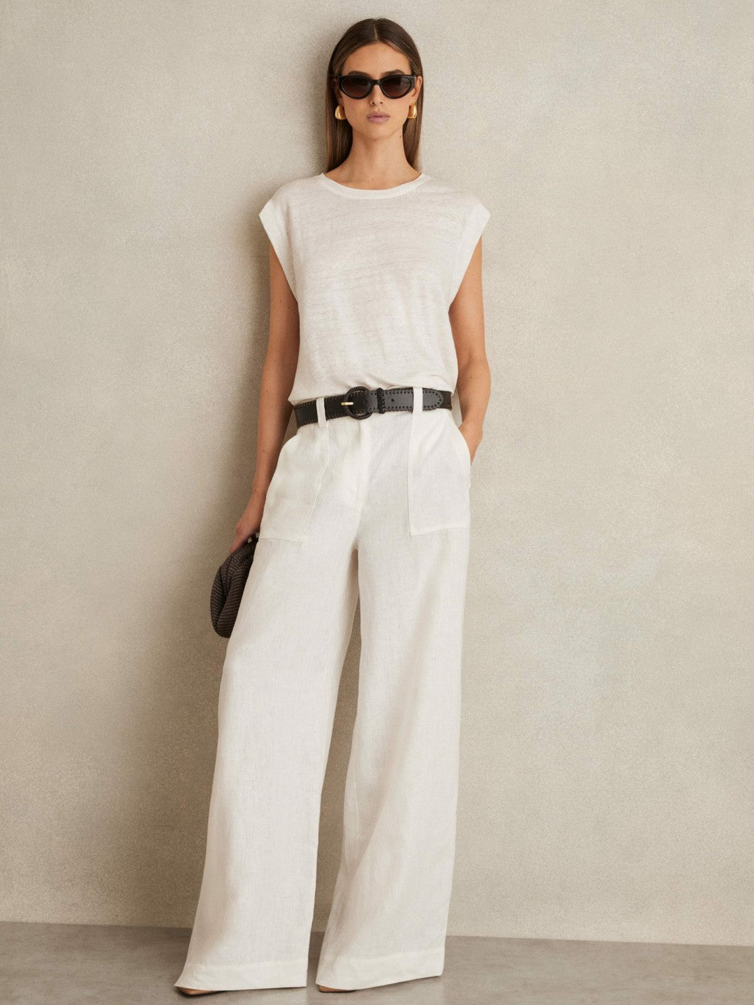 Linen Cap-Sleeve T-Shirt White | Womens