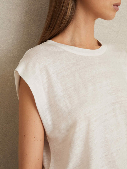 Linen Cap-Sleeve T-Shirt White | Womens