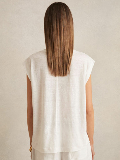 Linen Cap-Sleeve T-Shirt White | Womens
