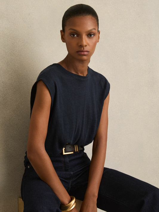 Linen Cap-Sleeve T-Shirt Navy | Womens