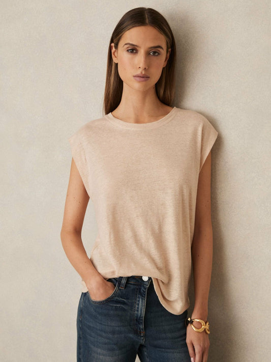 Linen Cap-Sleeve T-Shirt Peach | Womens