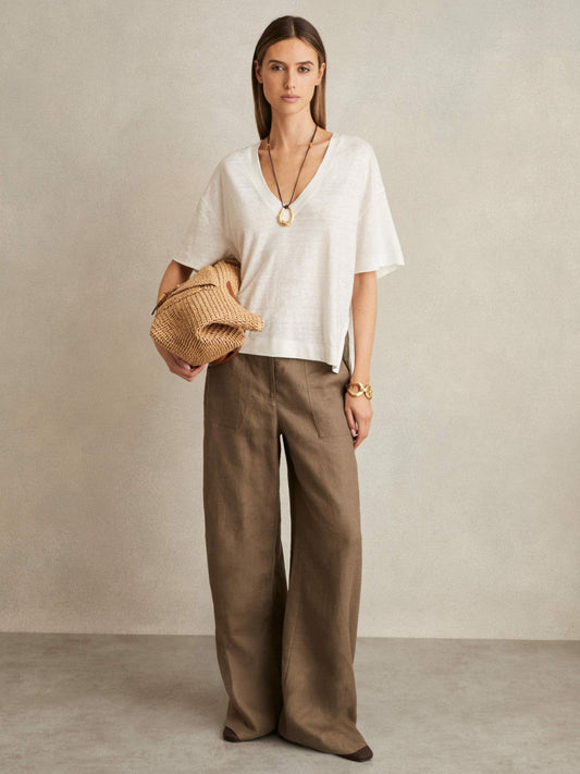 Linen V-Neck T-Shirt White | Womens