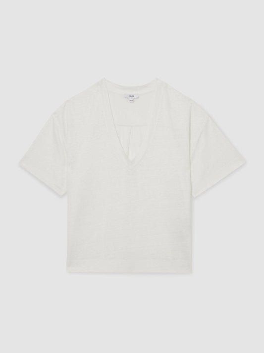 Linen V-Neck T-Shirt White | Womens