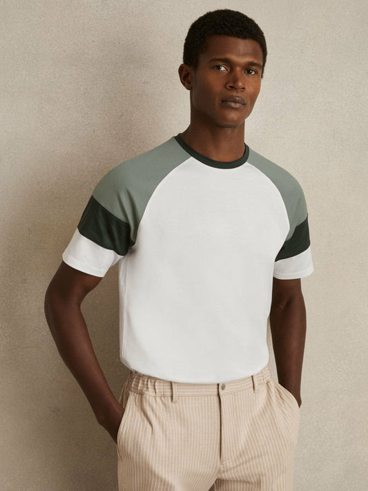 Mercerised-Cotton Colourblock T-Shirt White/Sage | Mens