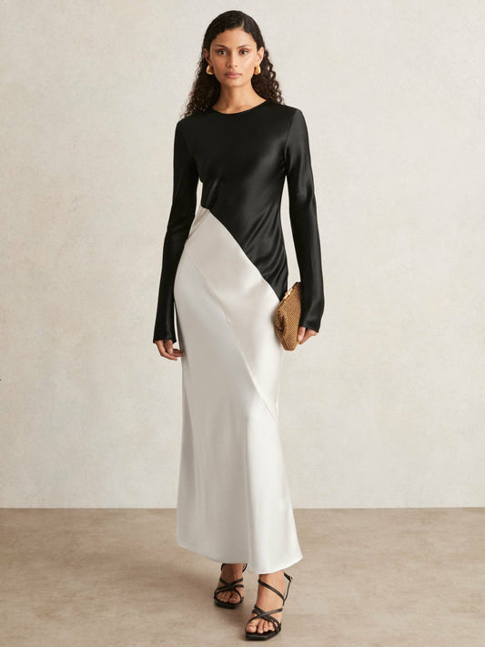 Acler Satin Colour Block Midi Dress Ivory/Black | Womens