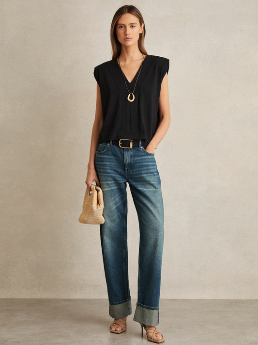 Cotton Shoulder-Pad V-Neck Top Black | Womens