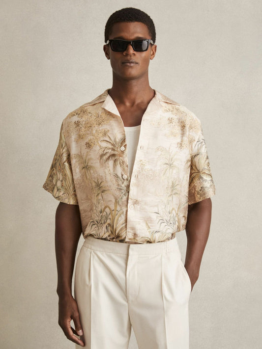 Jungle Print Cuban-Collar Shirt Soft Sage Green | Mens